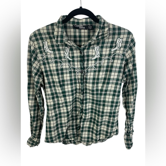 Outback Rider Green Plaid Cowboy Boot Embroidered Flannel M Women’s GUC - Picture 1 of 8